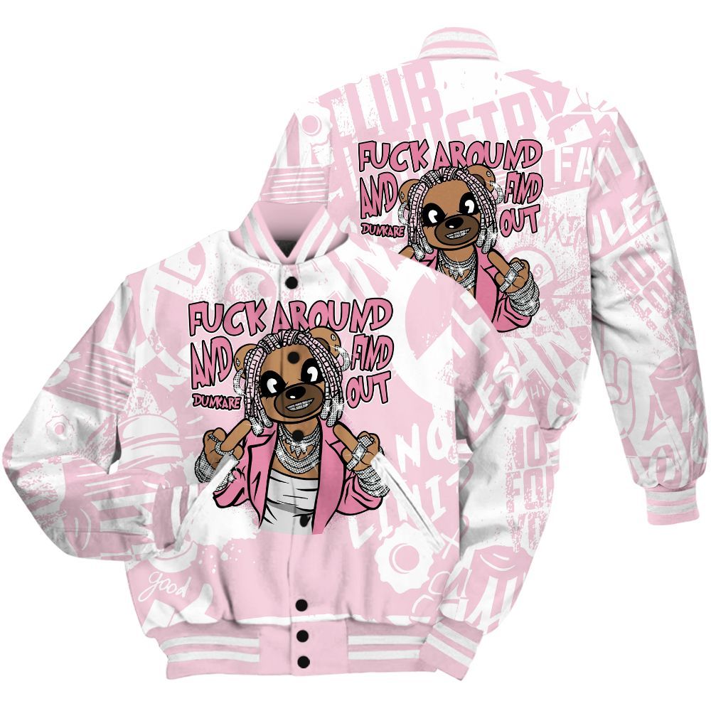 Varsity Jacket To Match Orchid 4s Shirt - F#ck Around Bear Bear Monogram Graffiti All Over Print