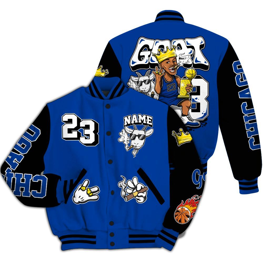 Varsity Jacket To Match Hyper Royal 12s - G.O.A.T Number 23 Custom Name All Over Print
