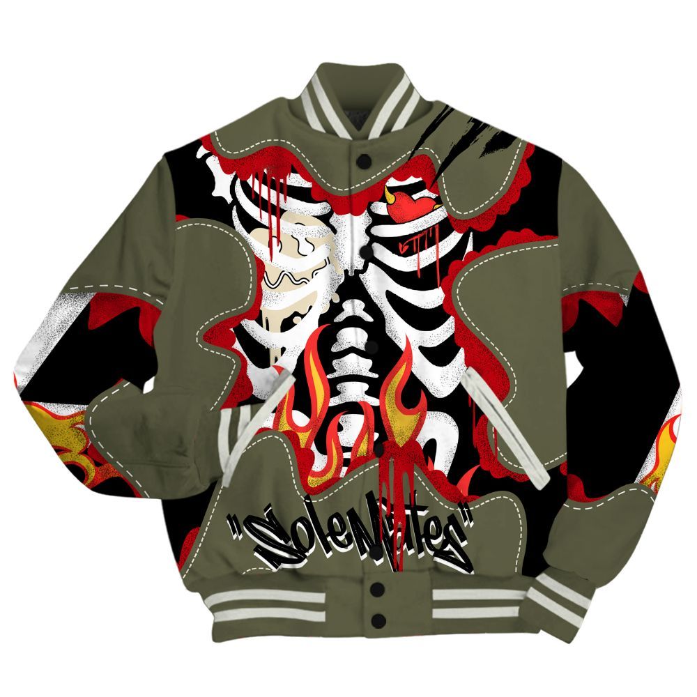 Varsity Jacket To Match Travis Scott Low OG Medium Olive 1s - Skeleton Burning Heart Drip All Over Print