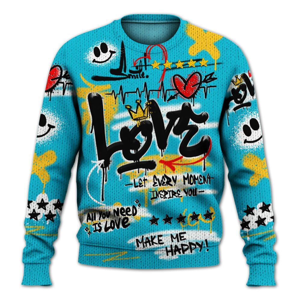 Knitted Sweater To Match Retro Aqua 5s - Happy Love Beats Graffiti Streetwear