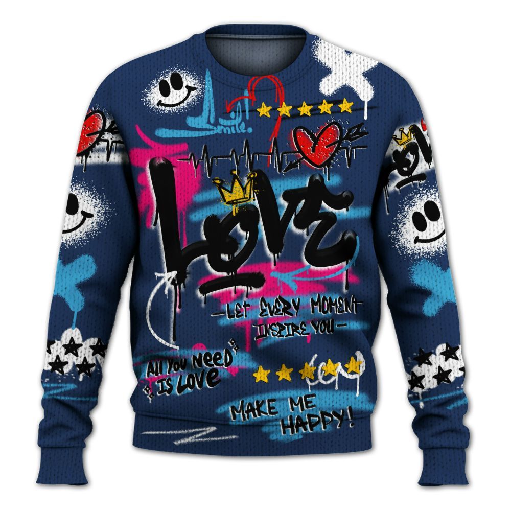 Knitted Sweater To Match Air Max 180 University Blue - Happy Love Beats Graffiti Streetwear