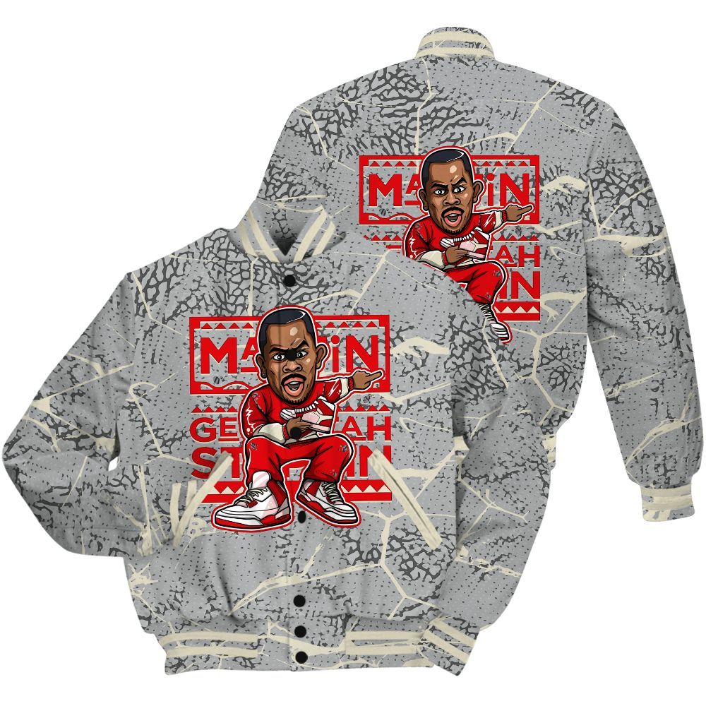 Varsity Jacket To Match Cement Grey 3s Shirt - Get Tag Sneakers Steppin' Graphic Crack All Over Print