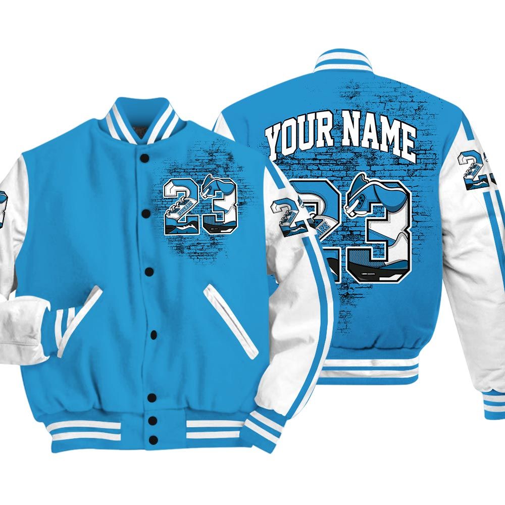 Varsity Jacket To Match Varsity Custom Name Number 23 5s, Powder Blue 9s Baseball - To Match Sneaker Powder Blue 9s Graphic Tee 1904 HDT