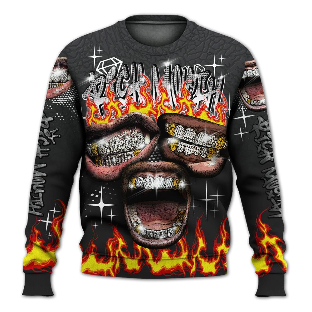 Sweatshirt To Match Black Cat 3s - Rich Mouth Fire Rap Retro 90s All Over Print