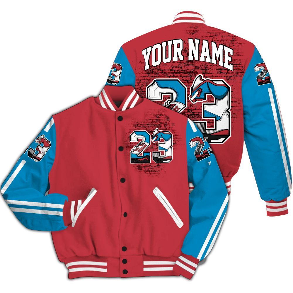 Varsity Jacket To Match High OG University Red Dark Powder Blue 1s Shirt, Custom Name Number 23 5s All Over Print