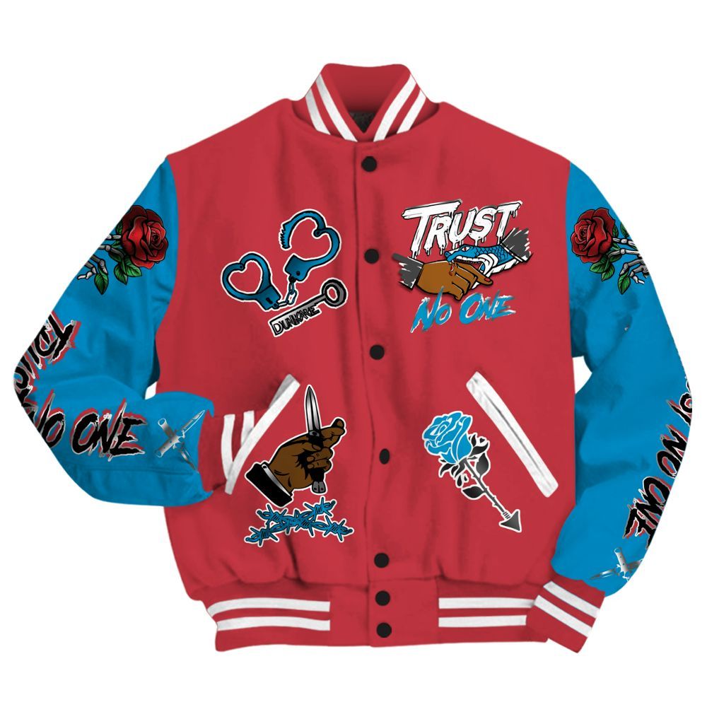 Varsity Jacket To Match High OG University Red Dark Powder Blue 1s - Trust No One Dripping All Over Print