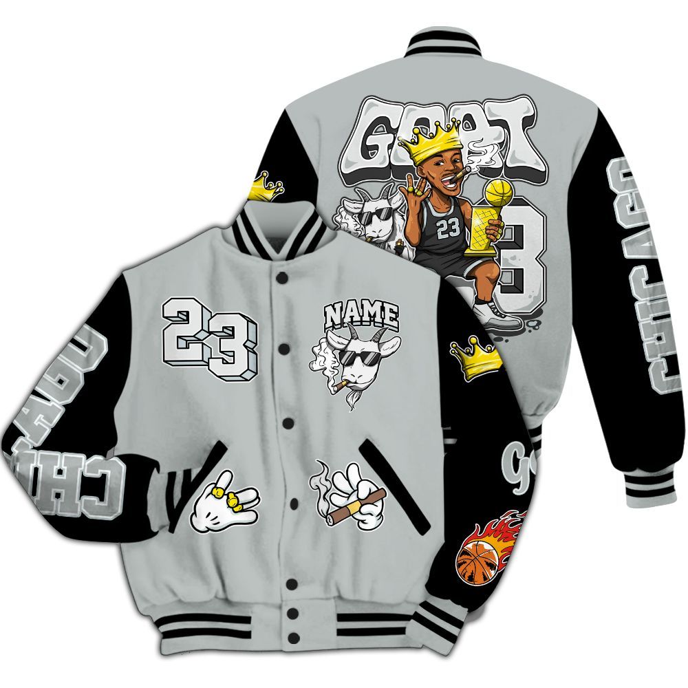 Varsity Jacket To Match Black Wolf Grey 12s - G.O.A.T Number 23 Custom Name All Over Print