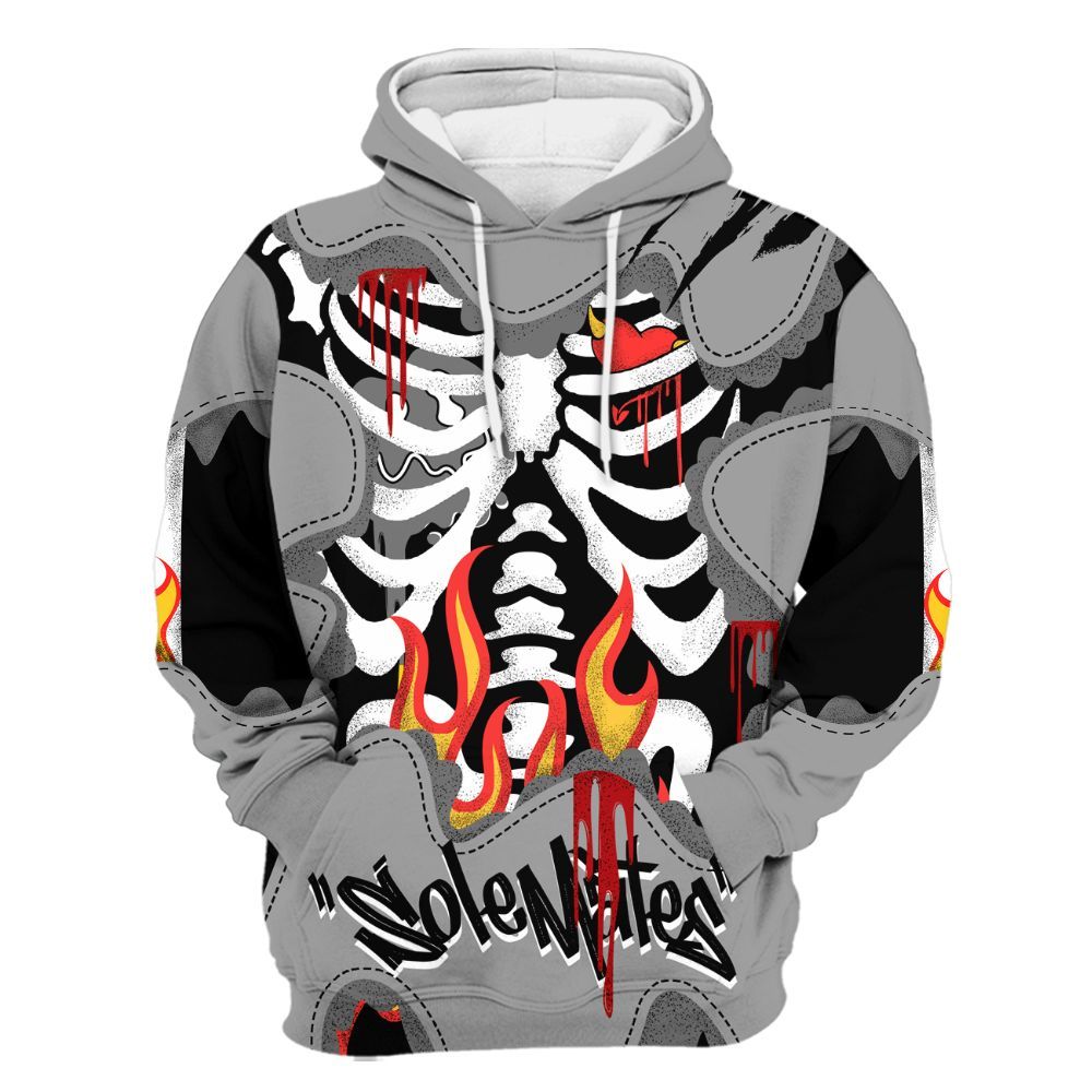 Hoodie To Match Black Wolf Grey 12s - Skeleton Burning Heart Drip All Over Print