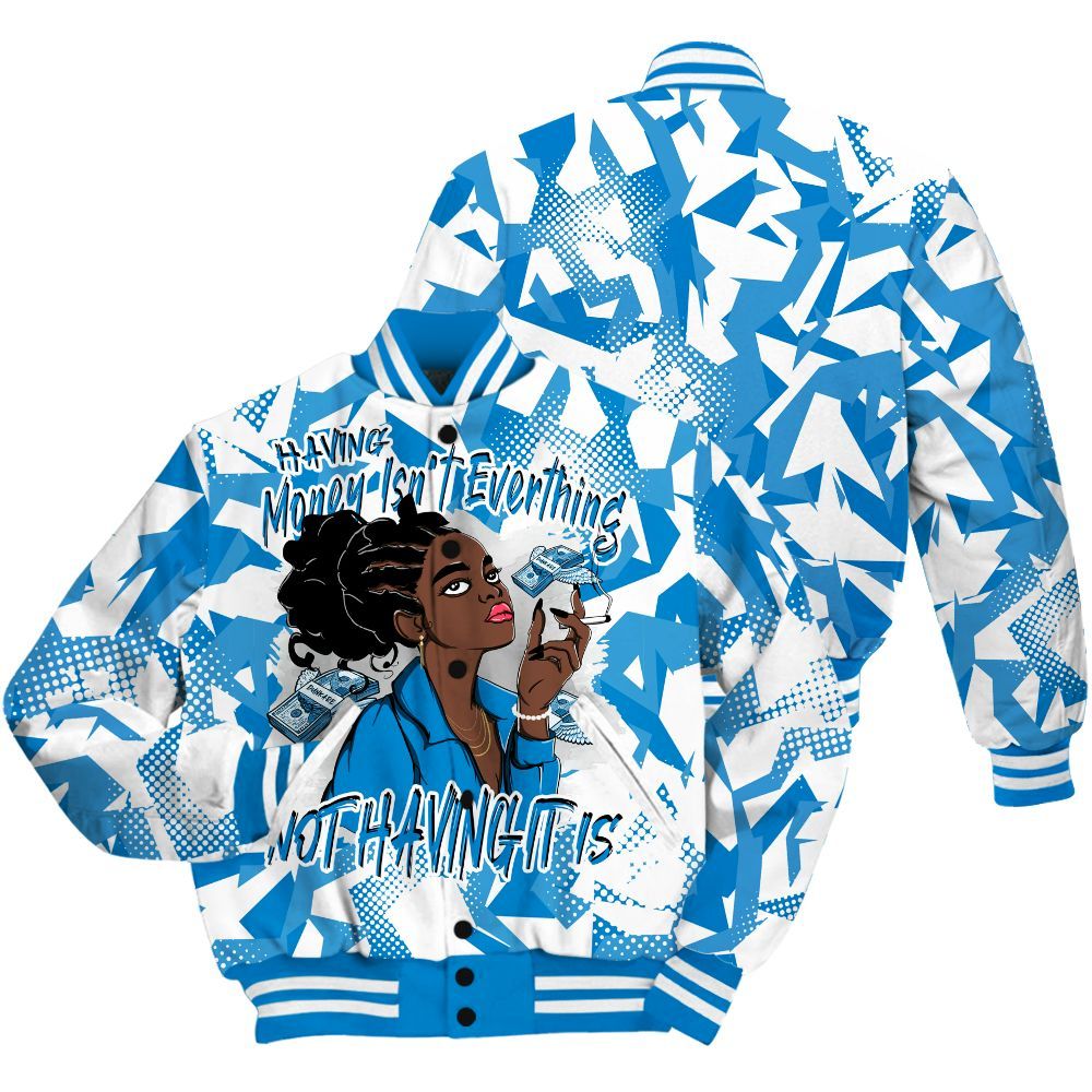 Varsity Jacket To Match Industrial Blue 4s - Having Money Isn't Everthing Retro Military Blue 4s Outfit All Over Print