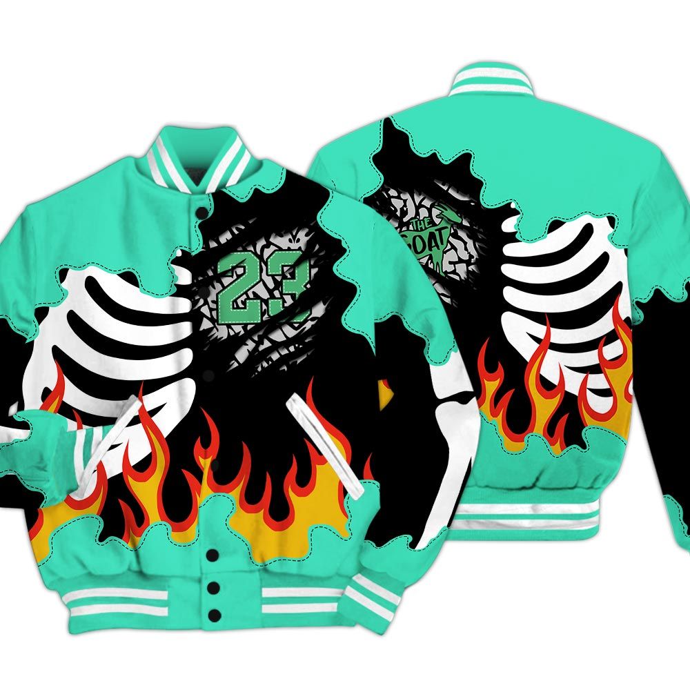 Varsity Jacket To Match Black Green Glow 3s - Burning Skeleton 23 G.O.A.T Varsity Jacket Green Glow 3s Outfit