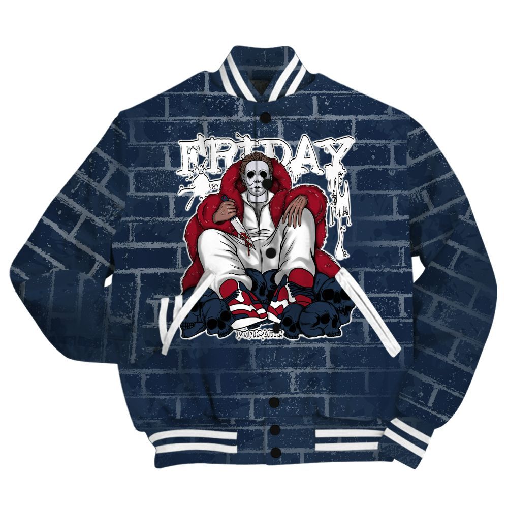 Varsity Jacket To Match White Midnight Navy 6s Shirt - Friday Brick All Over Print