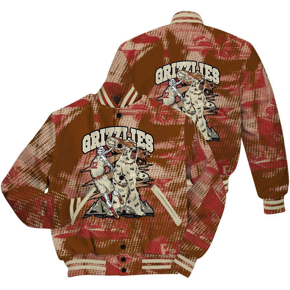 Varsity Jacket To Match Archaeo Brown 5s Shirt - Grizzly Bear Skeleton Brown Sugar All Over Print