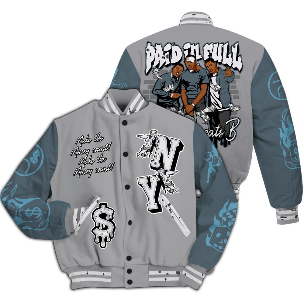 Varsity Jacket To Match Retro Light Graphite Wolf Grey 5s - Paid In Full Money Graphic Varsity Jacket All Over Print