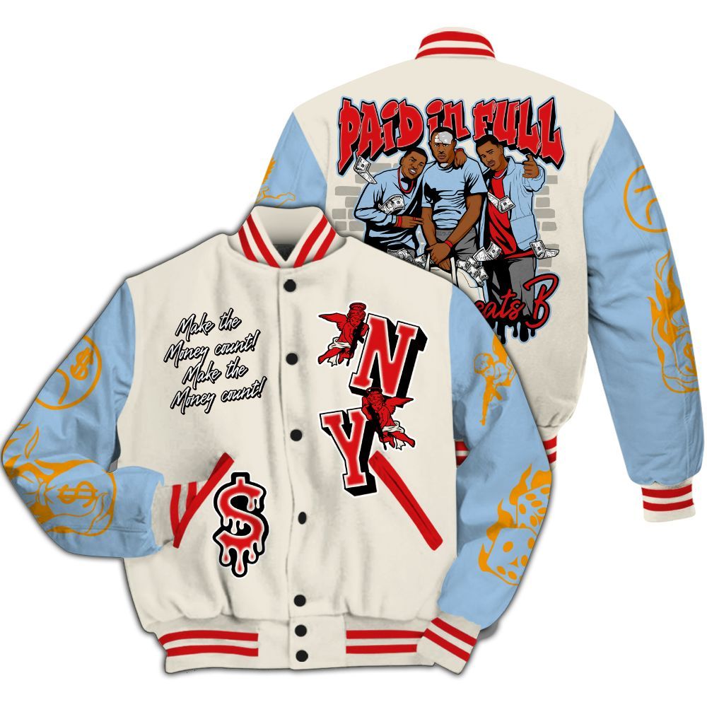 Varsity Jacket To Match Retro High OG Pale Ivory Psychic Blue 1s - Paid In Full Money Graphic Varsity Jacket All Over Print