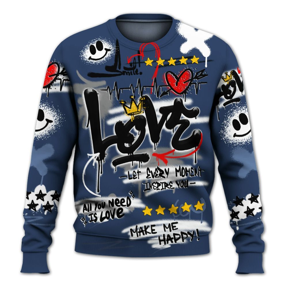Sweatshirt To Match Low 85 Metallic Blue 1s - Happy Love Beats Graffiti Streetwear All Over Print