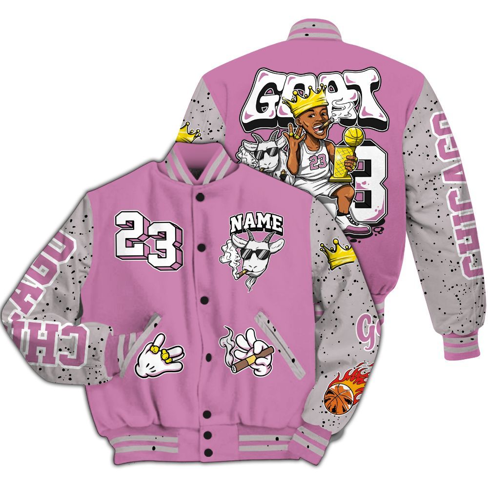 Varsity Jacket To Match Neutral Grey Black White Orchid 4s - G.O.A.T Number 23 Custom Name All Over Print