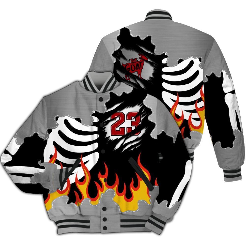 Varsity Jacket To Match Metallic Silver 14s - Burning Skeleton 23 G.O.A.T All Over Print