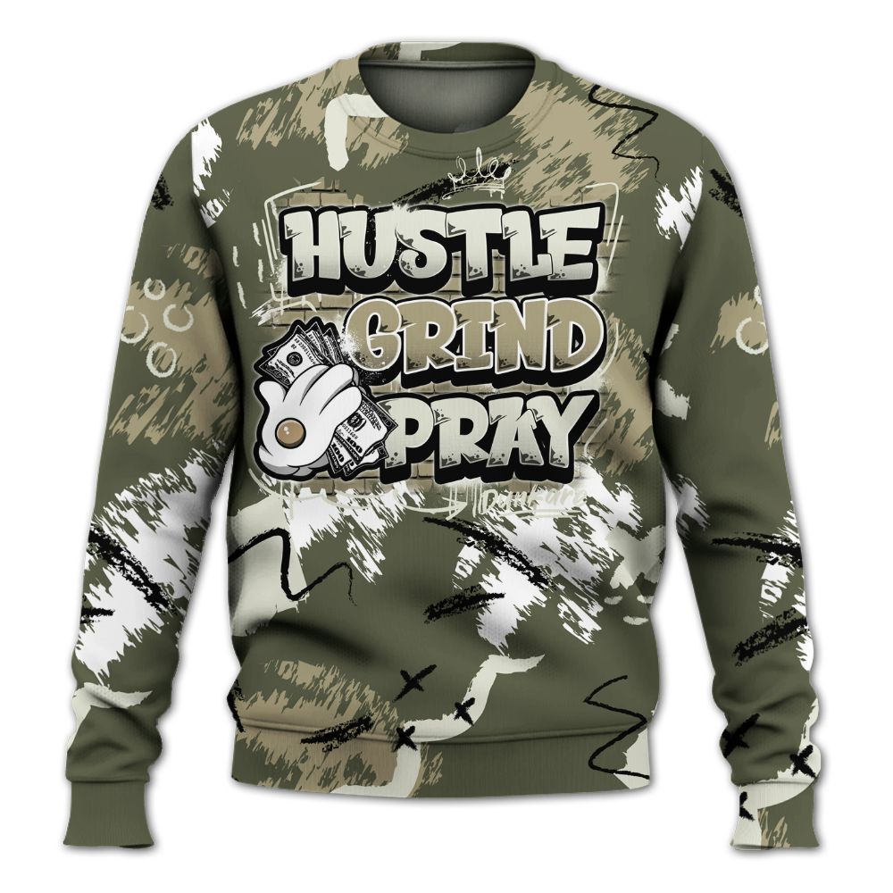 Sweatshirt To Match Low OG Medium Olive 1s - Hustle Grind Pray Graphic Street Style All Over Print
