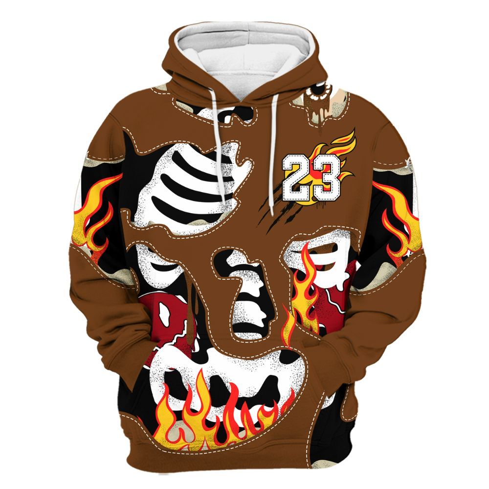 Hoodie To Match Archaeo Brown 5s - Skeleton Smile Flame Drip All Over Print
