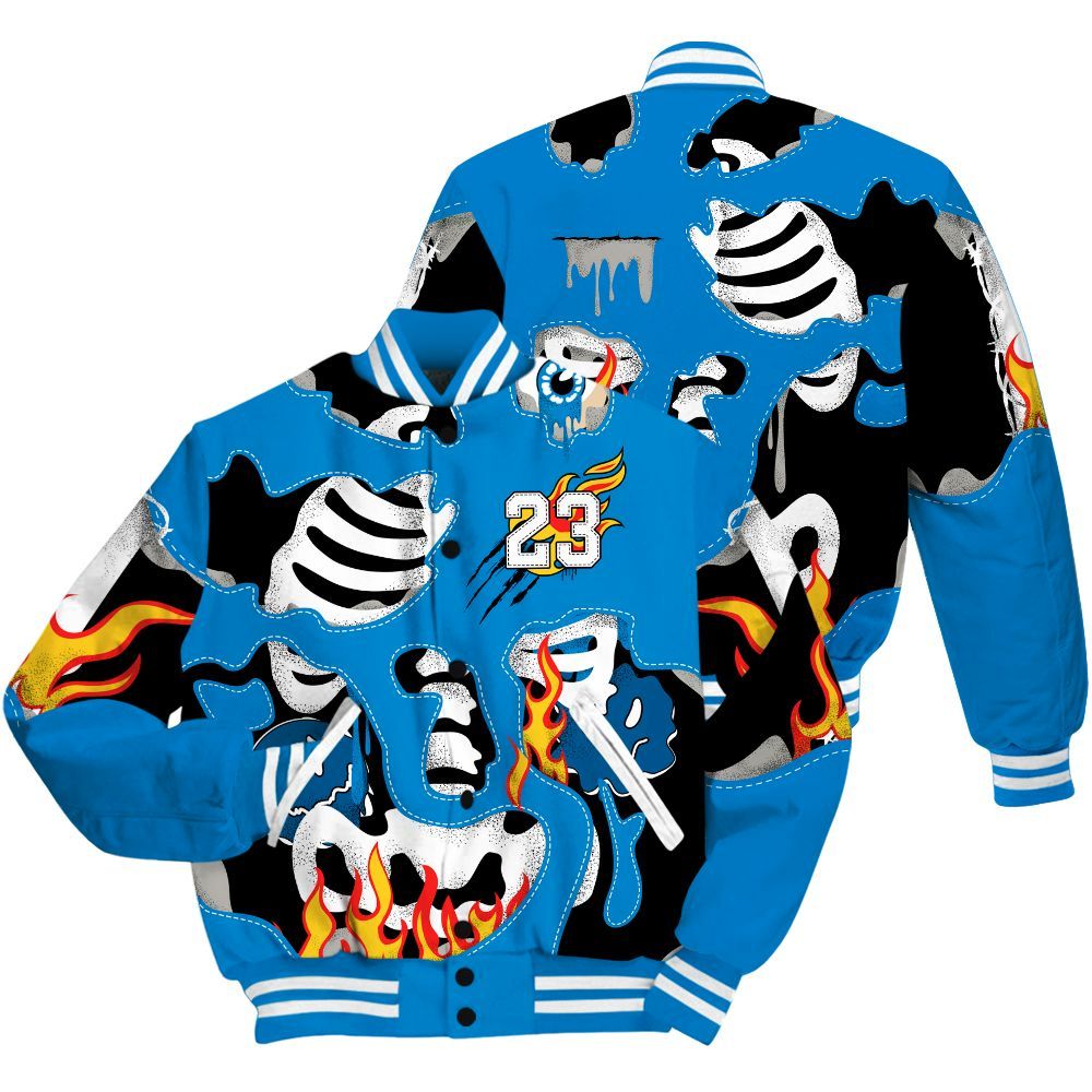 Varsity Jacket To Match Industrial Blue 4s - Skeleton Smile Flame Drip Military Blue 4s All Over Print