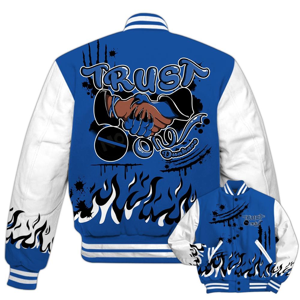 Varsity Jacket To Match Low Space Royal 11s - Graphic Trust No One Varsity Jacket Outfit