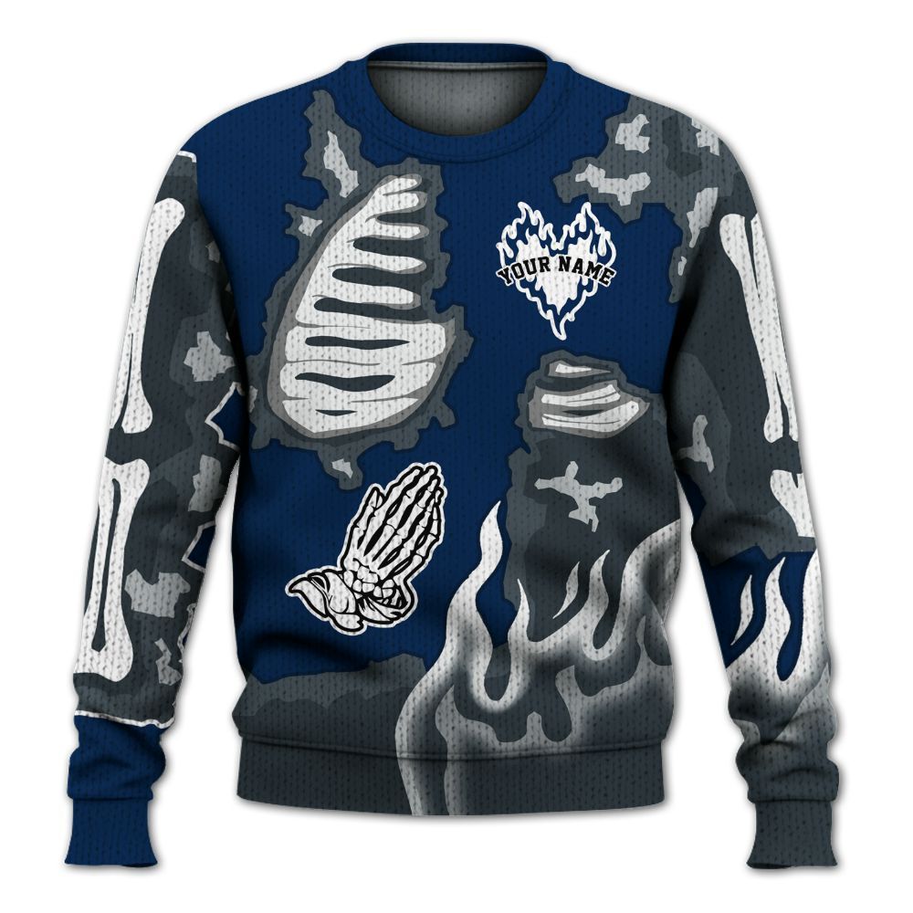 Knitted Sweater To Match SB White Navy 4s - Dislike Us Graphic Burning Custom Name