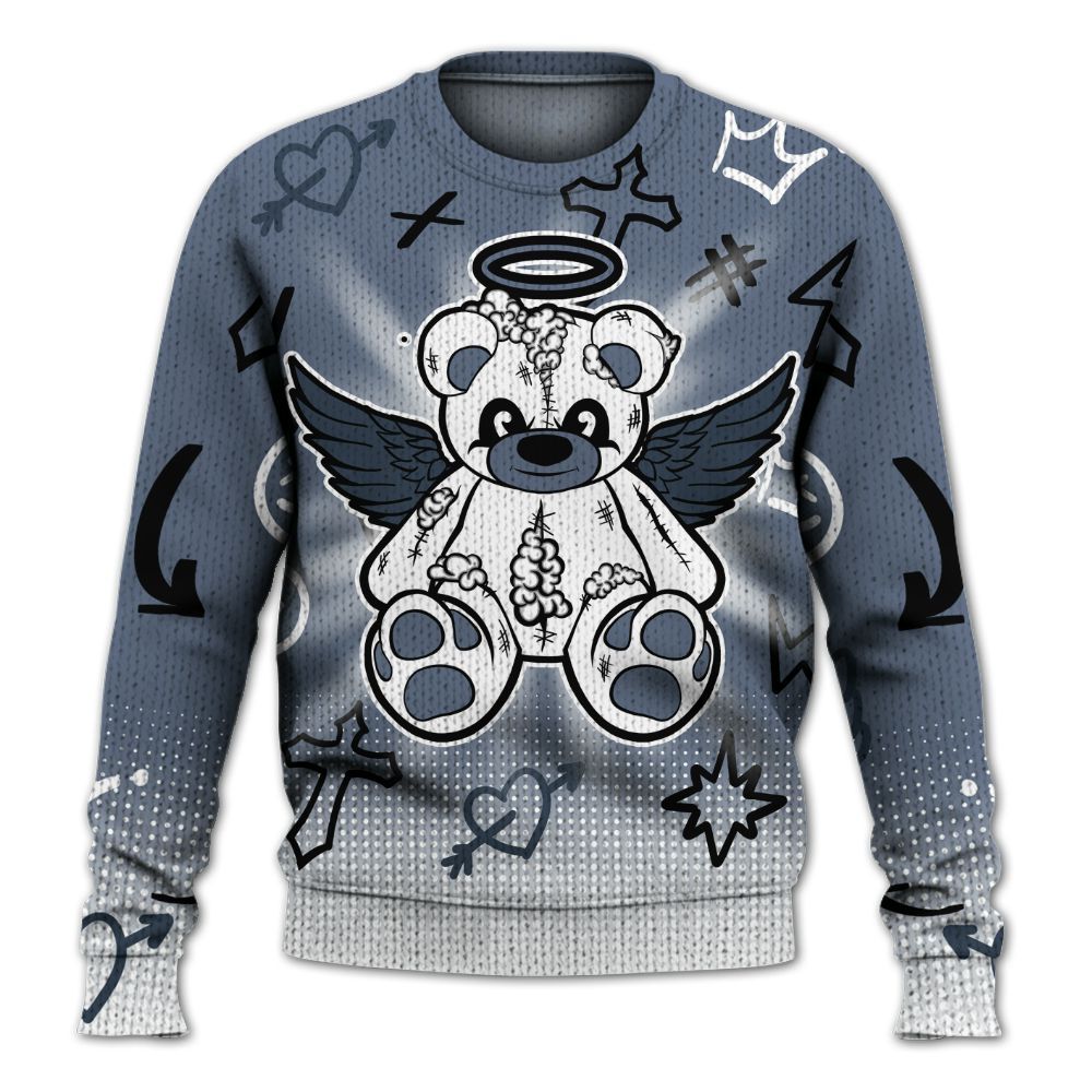 Knitted Sweater To Match Low Diffused Blue 11s - Gods Guides Me Bear Graphics