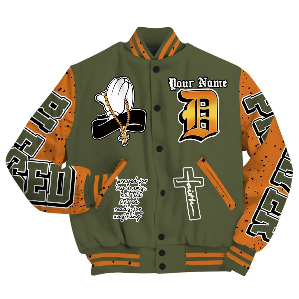 Varsity Jacket To Match Olive 5s - Prayed For Enemies Graphic Custom Name All Over Print