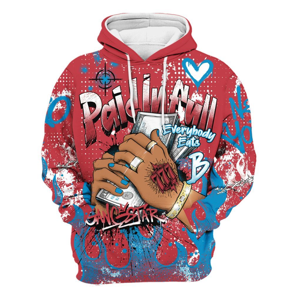 Hoodie To Match High OG University Red Dark Powder Blue 1s - Lucky Money Paid In Full Graffiti All Over Print