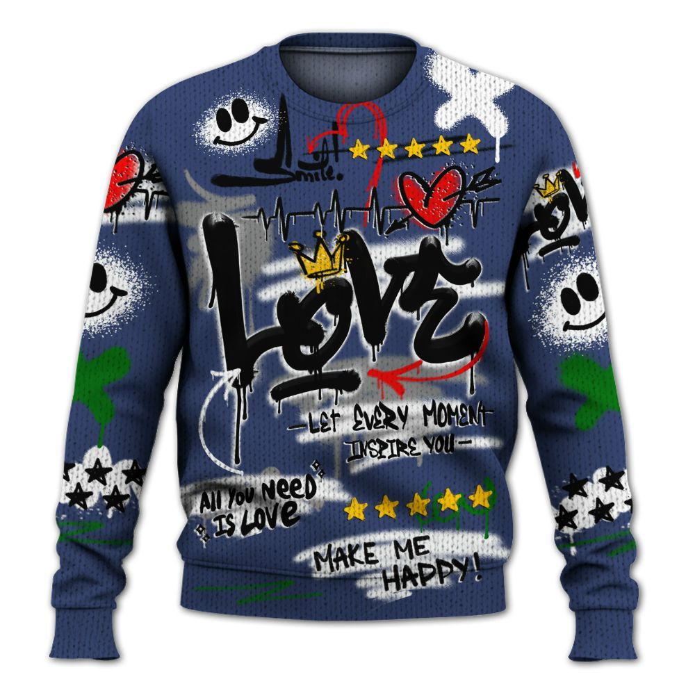 Knitted Sweater To Match Midnight Navy 13s - Happy Love Beats Graffiti Streetwear