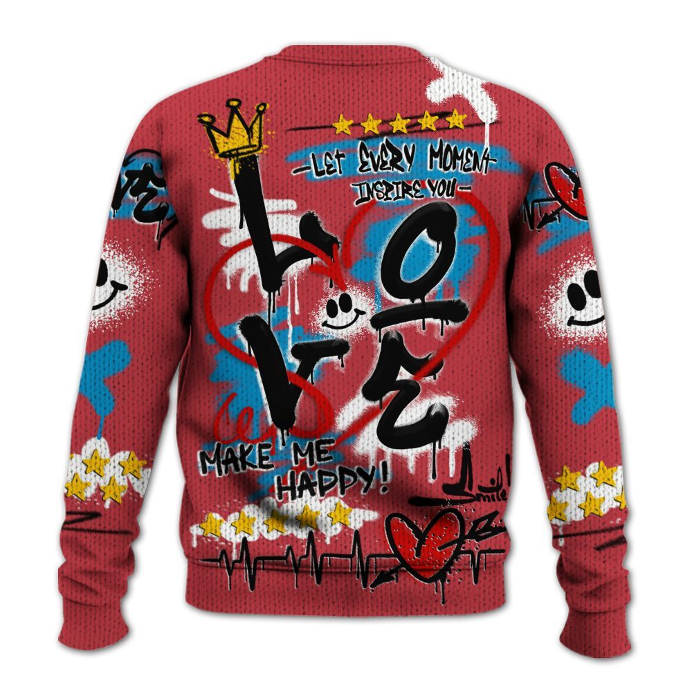 Knitted Sweater To Match High OG University Red Dark Powder Blue 1s - Happy Love Beats Graffiti Streetwear