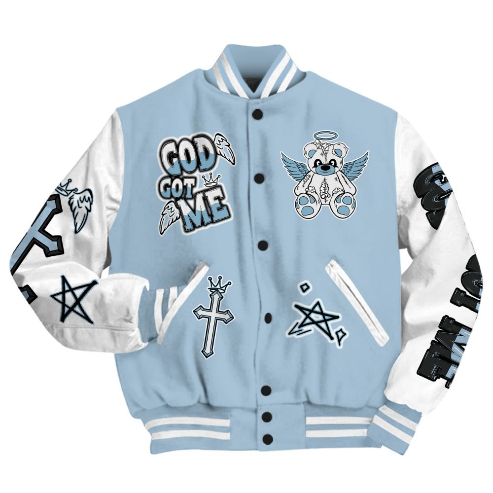 Varsity Jacket To Match Mid Ice Blue 1s - Gods Guides Me Bear All Over Print