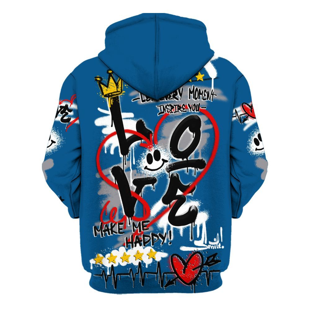 Hoodie To Match High OG True Blue 1s - Happy Love Beats Graffiti Streetwear All Over Print