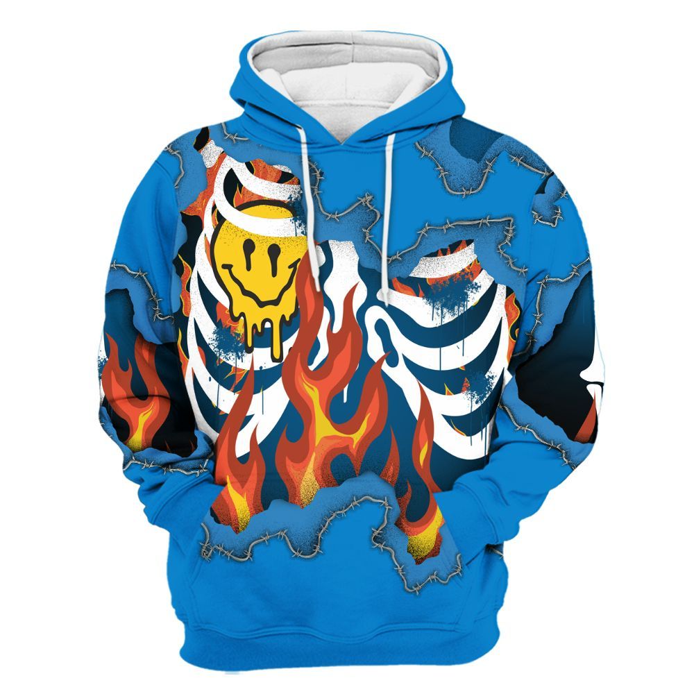 Hoodie To Match Industrial Blue 4s - Skeleton On Fire Skrrt Military Blue 4s All Over Print