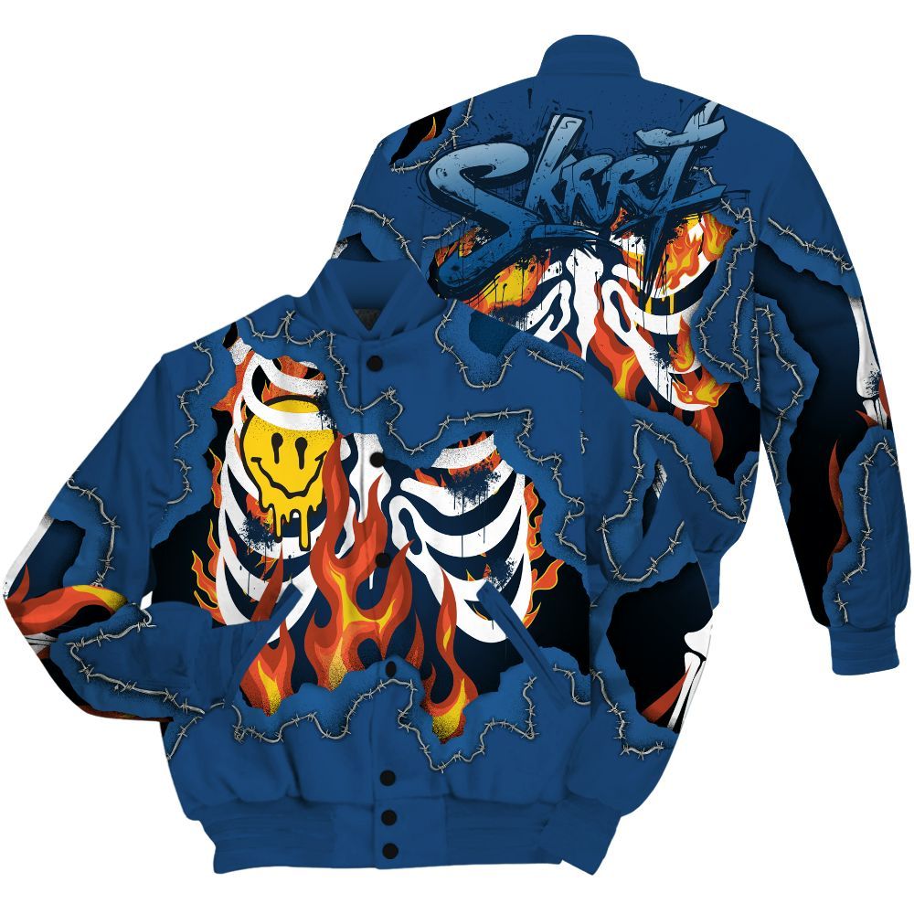 Varsity Jacket To Match High OG Midnight Navy 1s Shirt, Skeleton On Fire Skrrt All Over Print