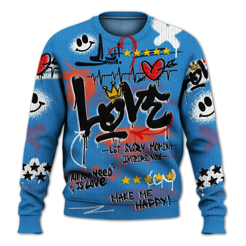 Knitted Sweater To Match Hi-Res Blue 700s - Happy Love Beats Graffiti Streetwear