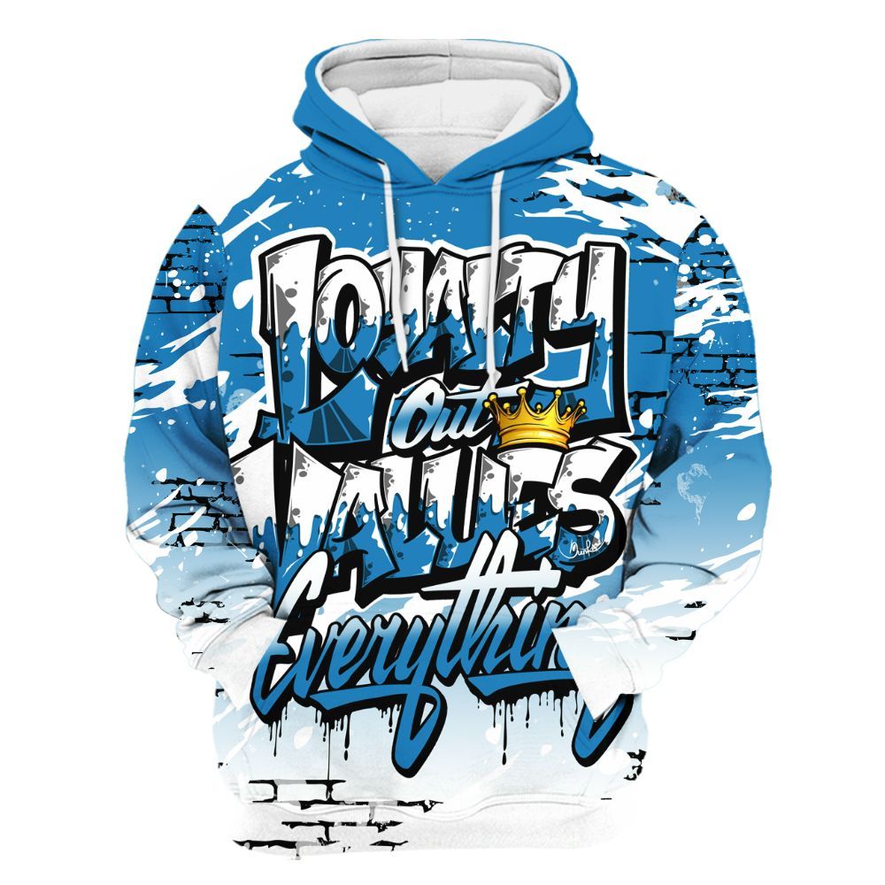 Hoodie To Match Retro University Blue 9s - Values Of Loyalty Drip All Over Print