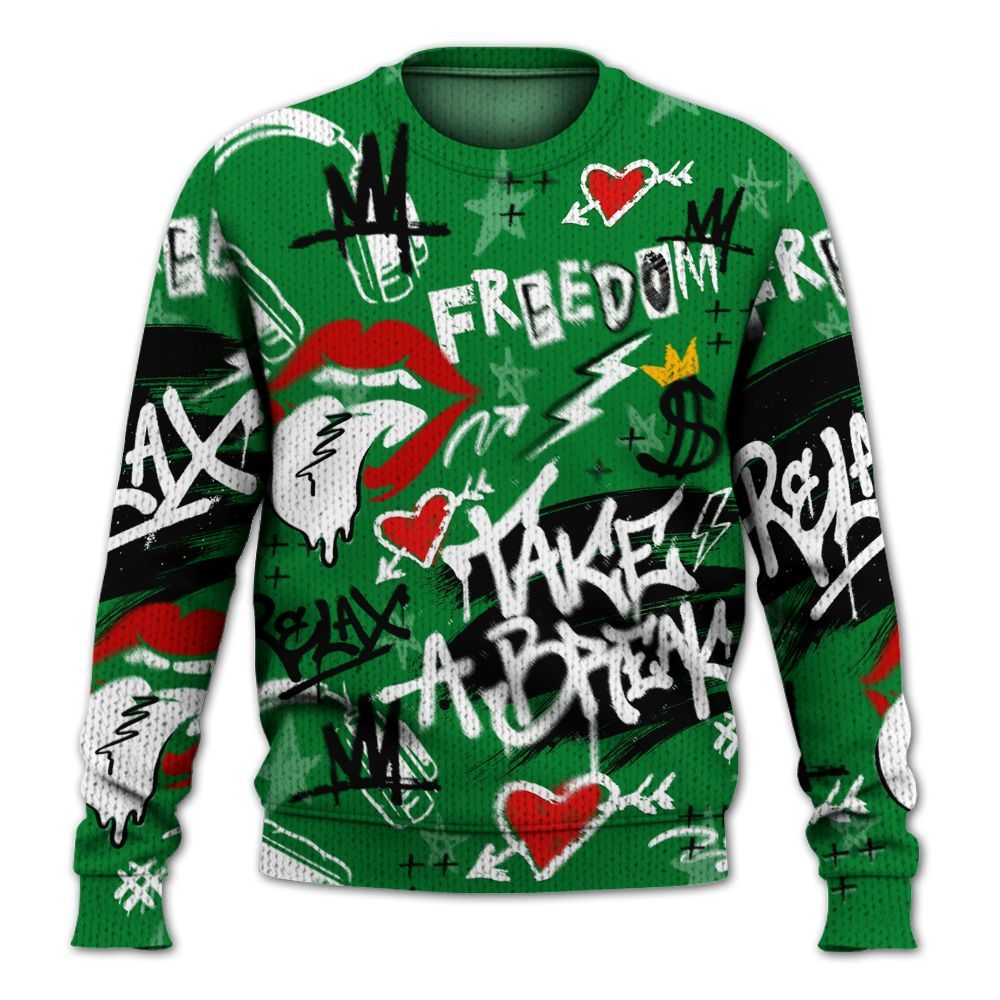 Knitted Sweater To Match Lucky Green 1s - Take Break Freedom Graffiti Streetwear