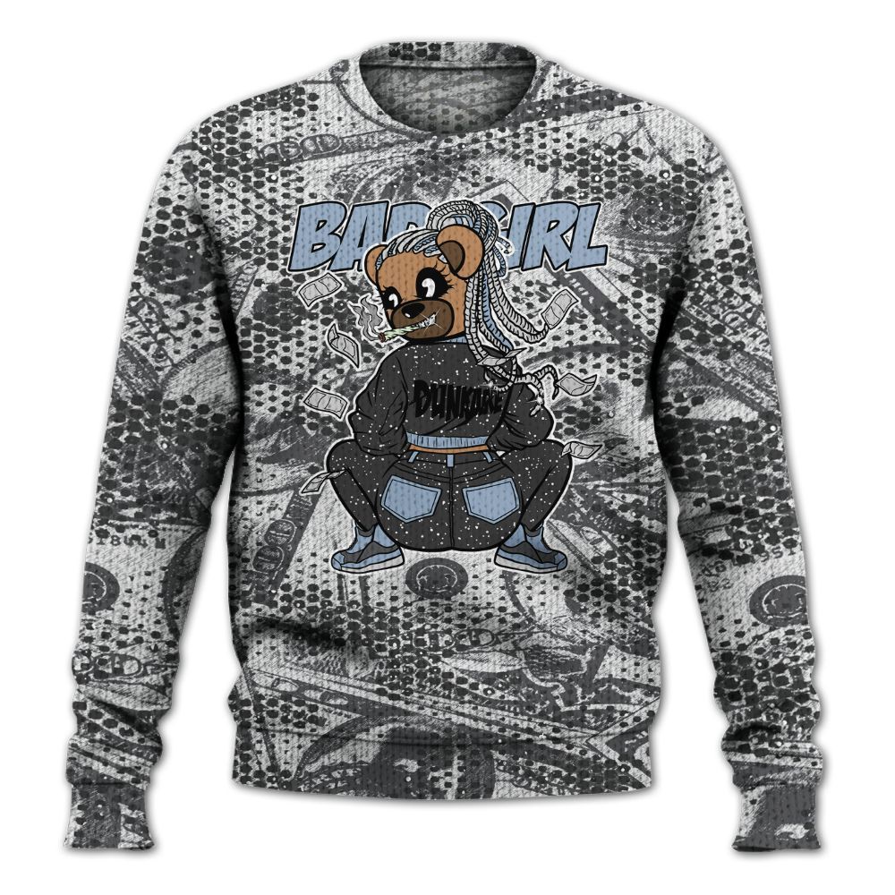 Knitted Sweater To Match Reverse Black White 6s - Rebellious Girl Bear Banknotes Art