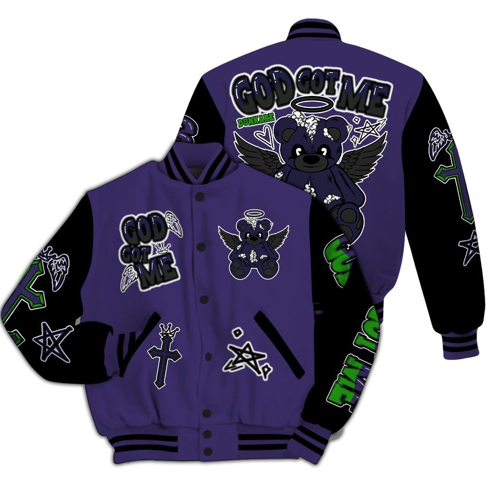 Varsity Jacket To Match Retro Court Purple 13s - Gods Guides Me Bear All Over Print
