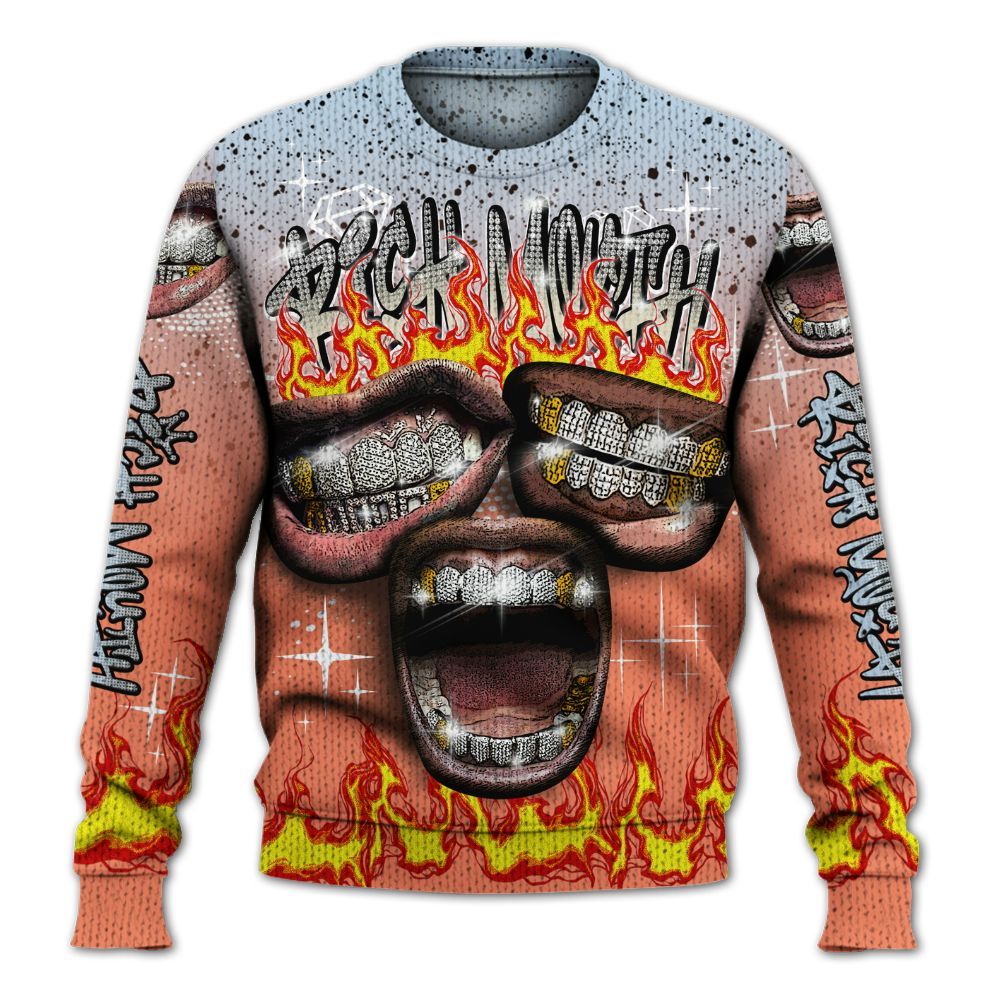 Knitted Sweater To Match DJ Khaled Crimson Bliss 5s - Rich Mouth Fire Rap Retro 90s