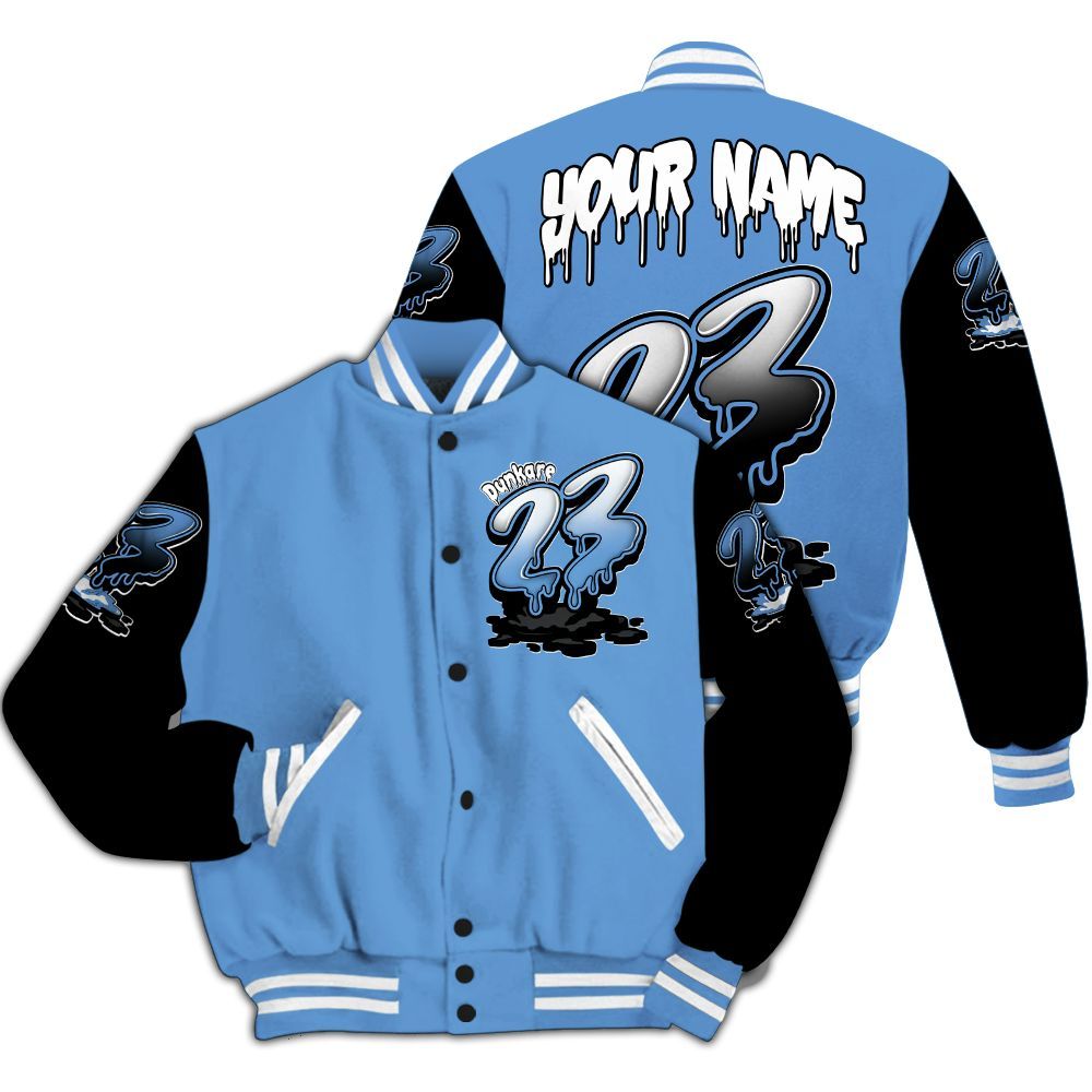 Varsity Jacket To Match Black University Blue 5s - Custom Name 23 Drip All Over Print