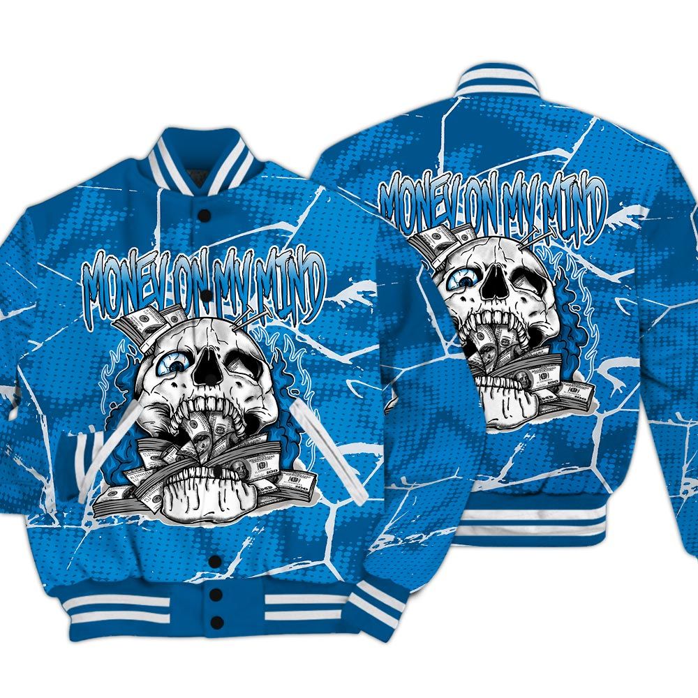 Varsity Jacket To Match Industrial Blue 4s - MOMM Skeleton Crack Varsity Jacket Unisex