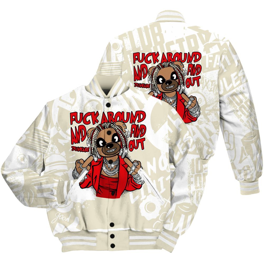 Varsity Jacket To Match Cement Grey 3s Shirt - F#ck Around Bear Bear Monogram Graffiti All Over Print