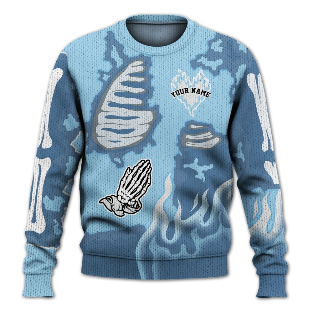 Knitted Sweater To Match Legend Blue 11s - Dislike Us Graphic Burning Custom Name