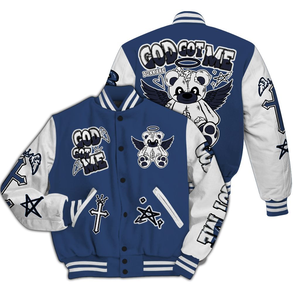 Varsity Jacket To Match Low 85 Metallic Blue 1s - Gods Guides Me Bear All Over Print