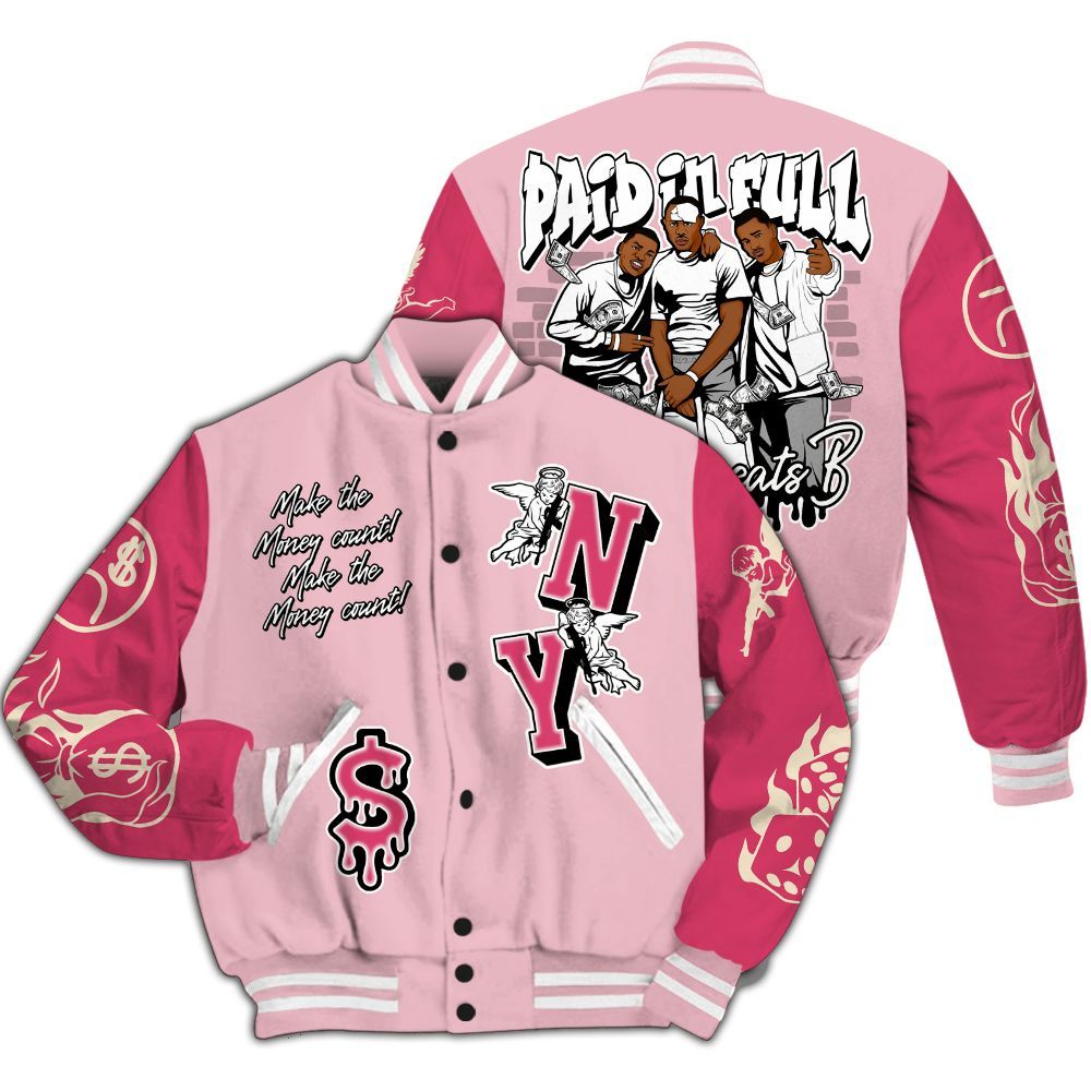 Varsity Jacket To Match Low OG Tropical Pink 1s - Paid In Full Money Graphic Varsity Jacket All Over Print