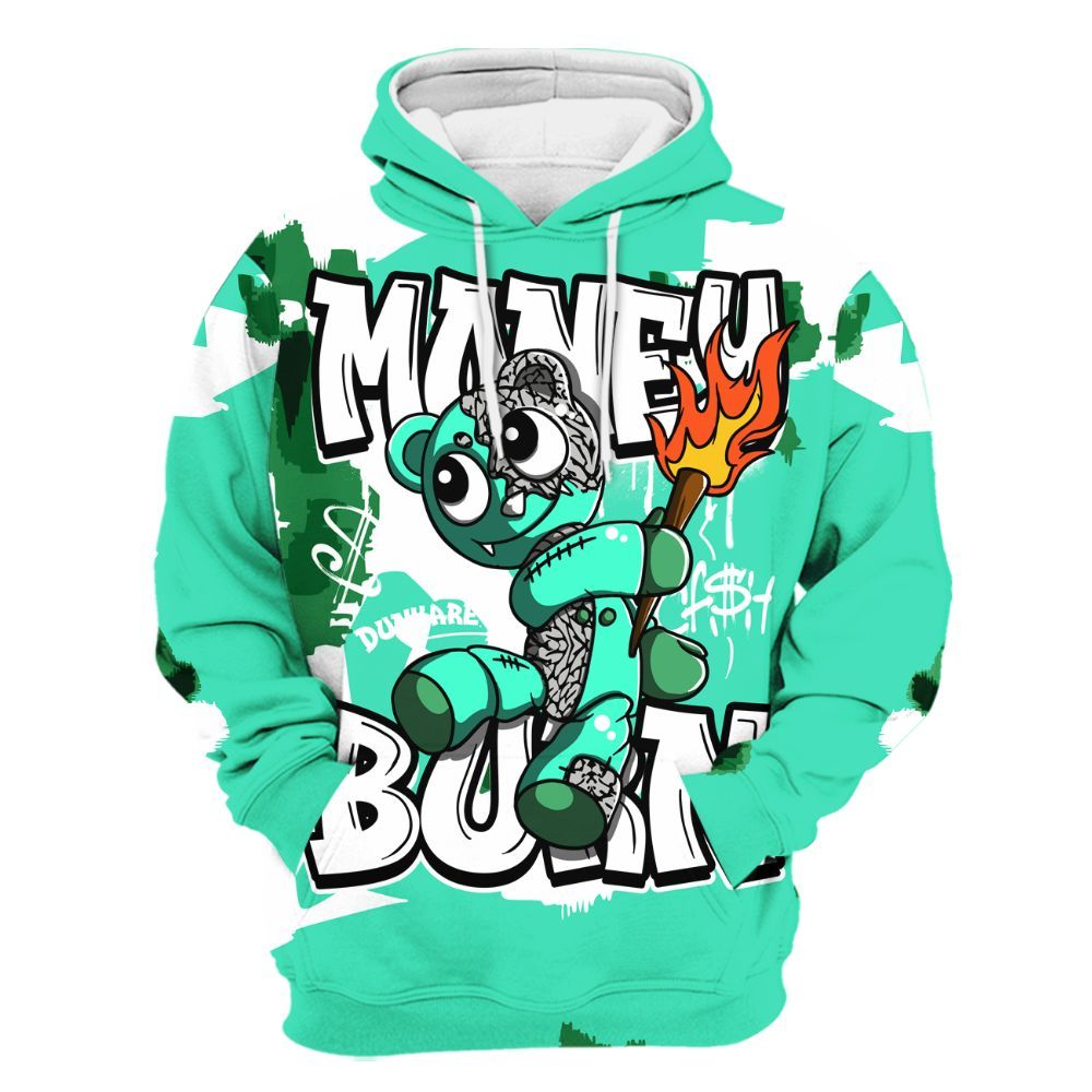 Hoodie To Match Black Green Glow 3s - Money Burn Retro Green Glow 3s Outfit All Over Print