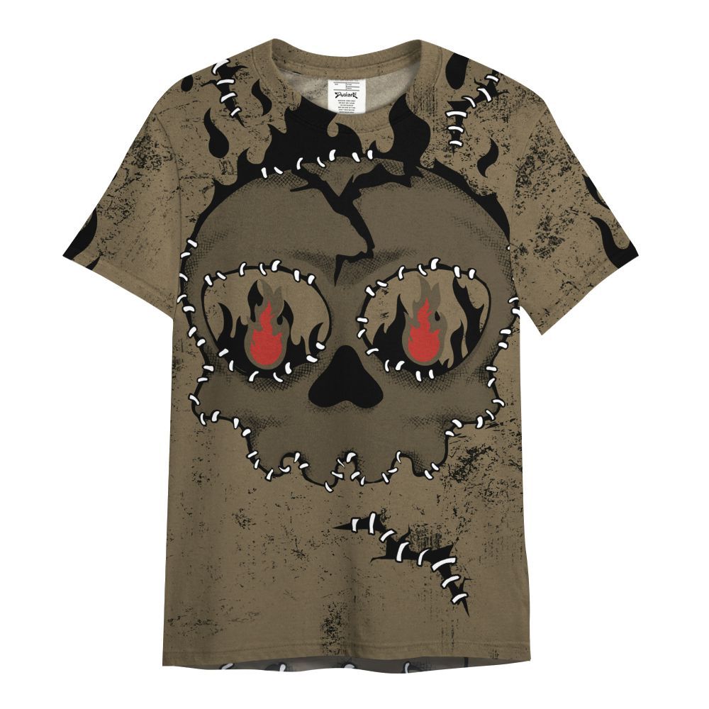 Shirt To Match Olive 9s - Cracked Skull Stitches All Over Print