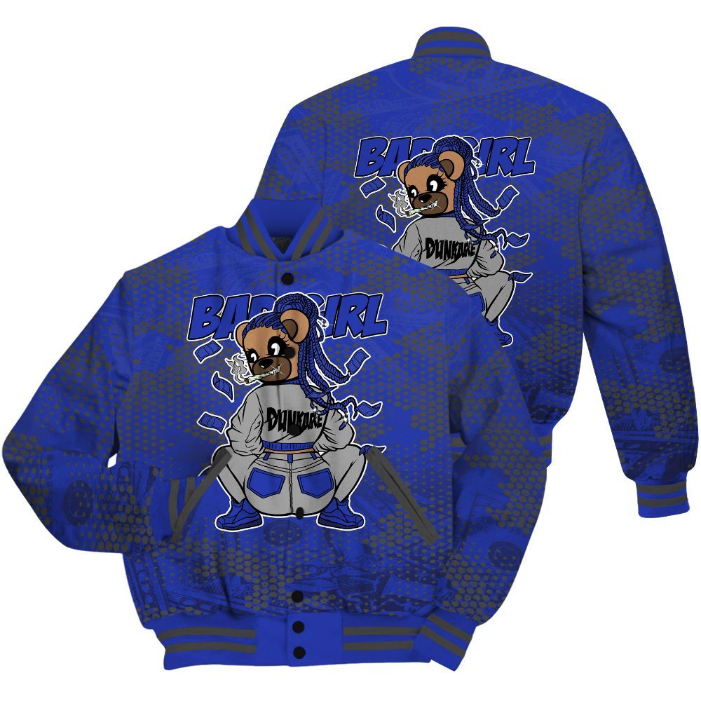 Varsity Jacket To Match Air Max Plus Black Racer Blue Shirt - Rebellious Girl Bear Banknotes Art All Over Print